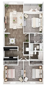C1 - Three Bedroom / Two Bath - 1,240 Sq. Ft.*